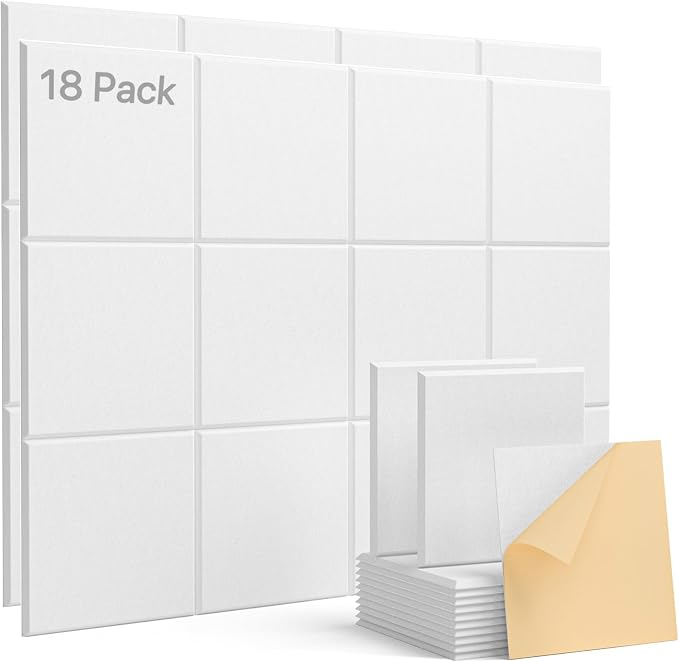 Soundsbay Self-Adhesive Soundproof Wall Panels 18 Pack 12"x12" White | Square Acoustic Panels, 150kg/m³ High Density Covers 18 sq ft, Sound Proof Panels for Walls, Home Office, Bedroom by Soundsbay