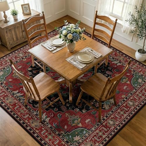 RELEANY Washable Area Rug, Square 8'x8', Red/Black by RELEANY