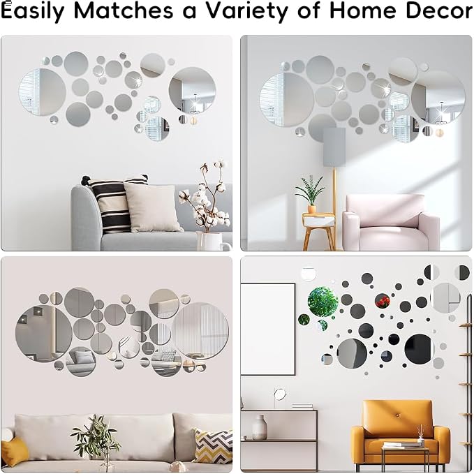 32 Pcs Acrylic Mirror Wall Stickers, Removable Wall Decal Mirror Set, Bathroom Wall Sticker Art, Circle Ceiling Mirrors for Bedroom, Home, Living Room, Sofa TV Background Decor (Large) - Image 5