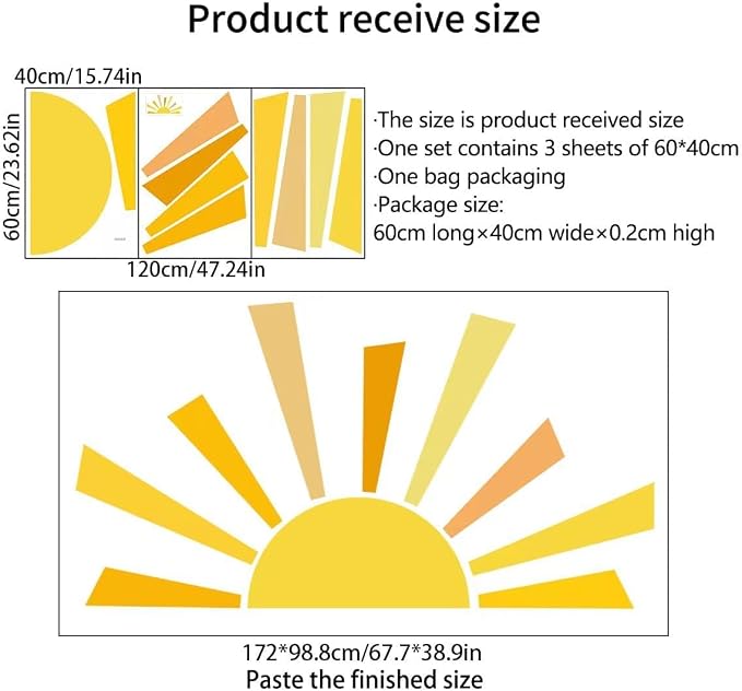 Denylo pro Boho Half Sun Wall Decal, 67.7x38.9 Inch, PVC, Yellow, Waterproof, Sun Pattern, Indoor, Single Use, Irregular Shape, Wall Decor - Image 6