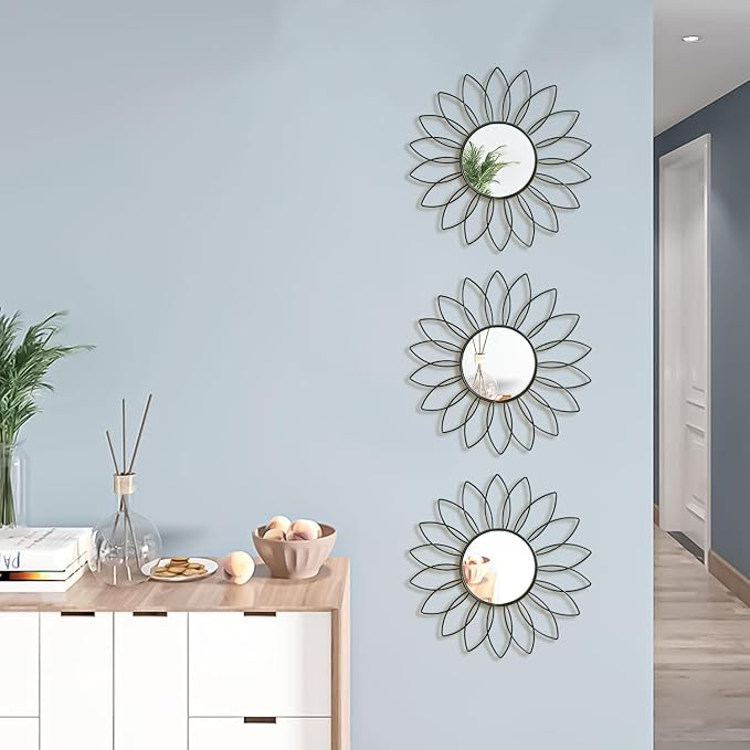 3 Pack Metal Mirrors for Wall Sunburst Wall Mirrors Home Décor Decorative Hanging Wall Art for Living Room Bedroom Entryway (Black2, Flowers) - Image 4