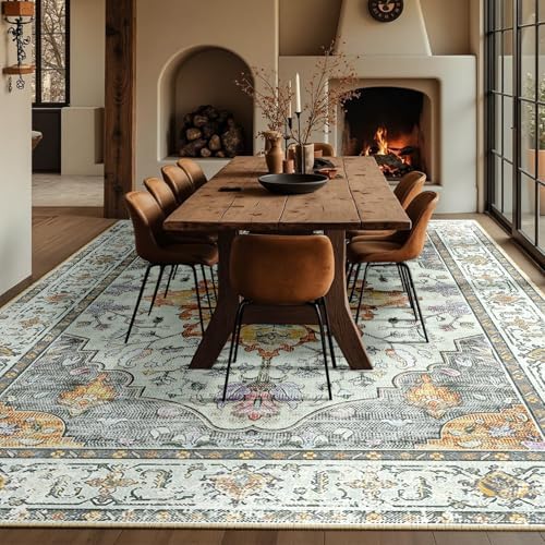RELEANY Washable Area Rug, Large 10'x12', Beige/Carbon Grey/Orange - Image 4