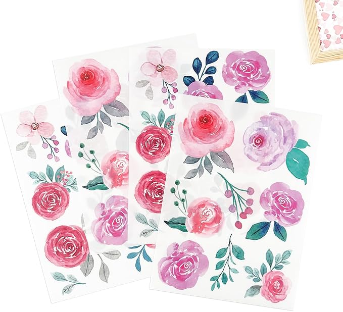 114 PCS Aesthetic Peel & Stick Watercolor Pink Flowers Wall Decals Set | 12 Sheets Removable Rose & Peony Floral Wall Stickers for Nursery, Girls Room, Living Room & Wedding Backdrops Decor - Image 3
