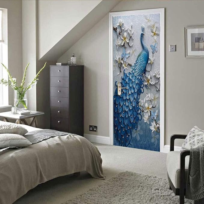 ChezMax Door Stickers Decals 3D Door Murals Peel and Stick, Removable Decorative Vinyl Wallpaper Waterproof Self Adhesive Wall Covers Poster for Home Office Decoration Vivid Palace 30.3" W x 78.7" H | 30.3"W x 78.7"H, 3D Blue Peacock Wallpaper，Waterpro... - Image 2