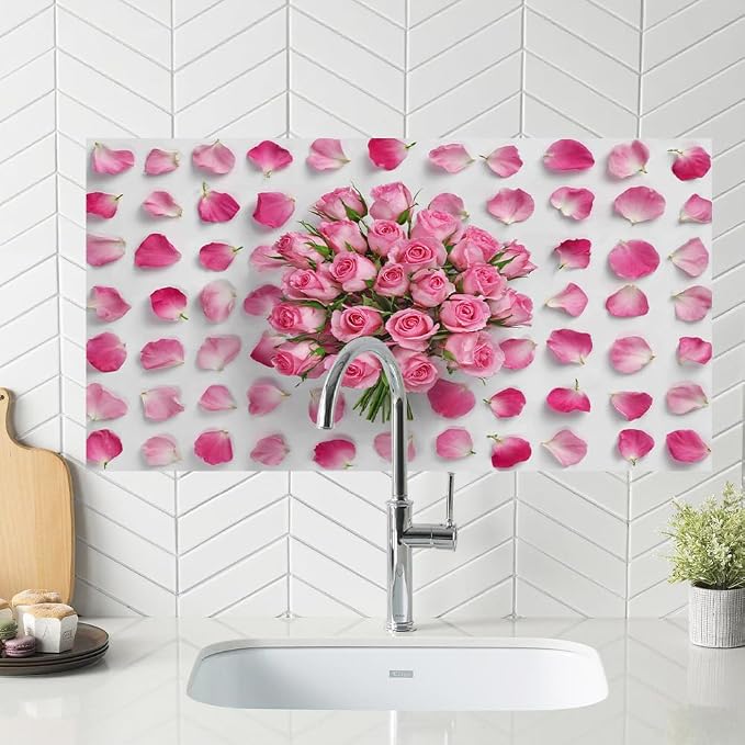 Pink Rose Floral Kitchen Backsplash Peel and Stick, 30x16 in | Pink rose bouquet surrounded by scattered petals on white; flat 2D waterproof peel and stick; wipe clean; 30x16 in - Image 5