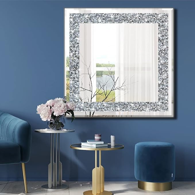 20" Square Crushed Diamond Silver Glass Mirror for Wall Decor - Image 2
