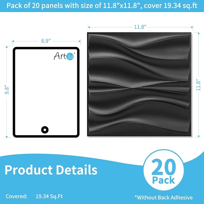 Art3d 20 Pack Decorative 3D Wall Panels, 19 Sq.Feet PVC Interior Wall Décor, 11.8"x11.8", Black - Image 2