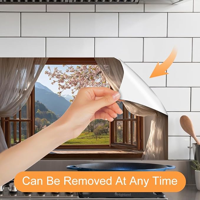 Cherry Blossom Mountain Kitchen Backsplash Peel and Stick, 30x16 in | Curtained window onto cherry blossoms over a sunlit mountain valley; flat 2D waterproof peel and stick; wipe clean; 30x16 in - Image 3