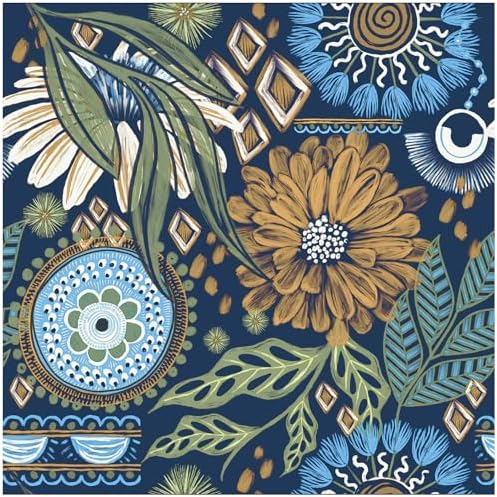 HAOKHOME Navy Floral Peel and Stick Wallpaper Retro Bathroom 17.7inx 32.8ft | Extra Long Renter Friendly Removable Waterproof Textured Wall Paper Vinatage Mustard Yellow Flowers Bedroom Accent Wall Decor by HAOKHOME