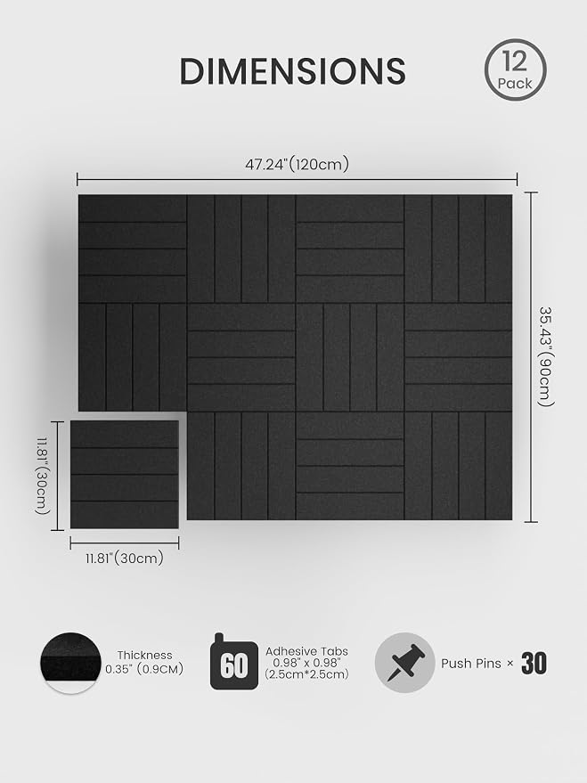 Bumusty 48"x 36" Large Felt Bulletin Board Tiles, Black | 12-Pack Cork Board Alternative, Wall Decor, 30 Pushpins, 60 Adhesive Tabs, Vision Board, Office, Classroom, Home, Dorm - Image 2