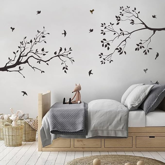 Runtoo Tree Branch Wall Art Decals Black Birds Leaves Wall Stickers for Bedroom Living Room Nursery Wall Decor - Image 3