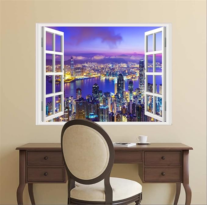Self-Adhesive Wall Sticker Romantic Living Room Bedroom Study Office Decorative Wall Sticker Ocean Scenery Fake Window Sticker Mural (17.3"×27.6", City Night) - Image 4