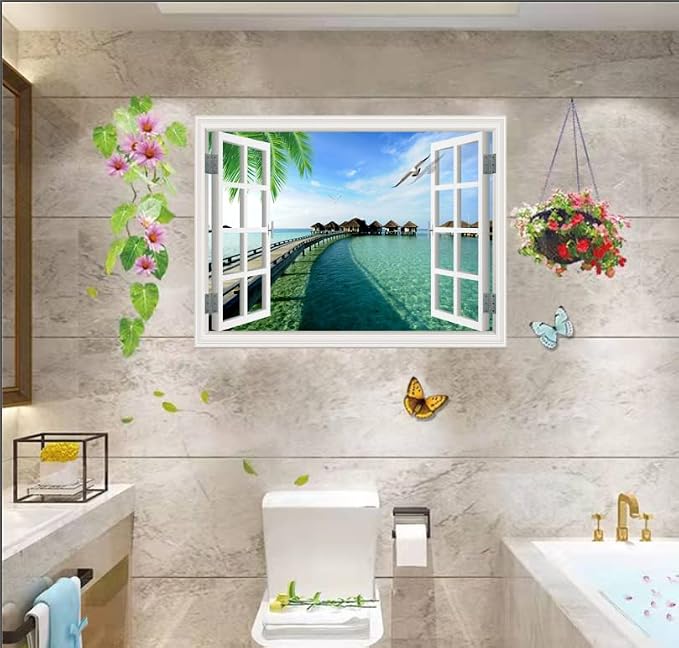 Self-Adhesive Wall Sticker Romantic Living Room Bedroom Study Office Decorative Wall Sticker Ocean Scenery Fake Window Sticker Mural (17.3"×27.6", Maldives) - Image 2