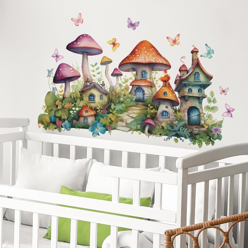 2 Sheets Colorful Cartoon Mushroom House Wall Stickers Removable DIY Green Plants and Flower Wall Stickers Viny Colorful Butterfly Wall Decal for Girls Home Nursery Bedroom Bathroom Decoration - Image 3