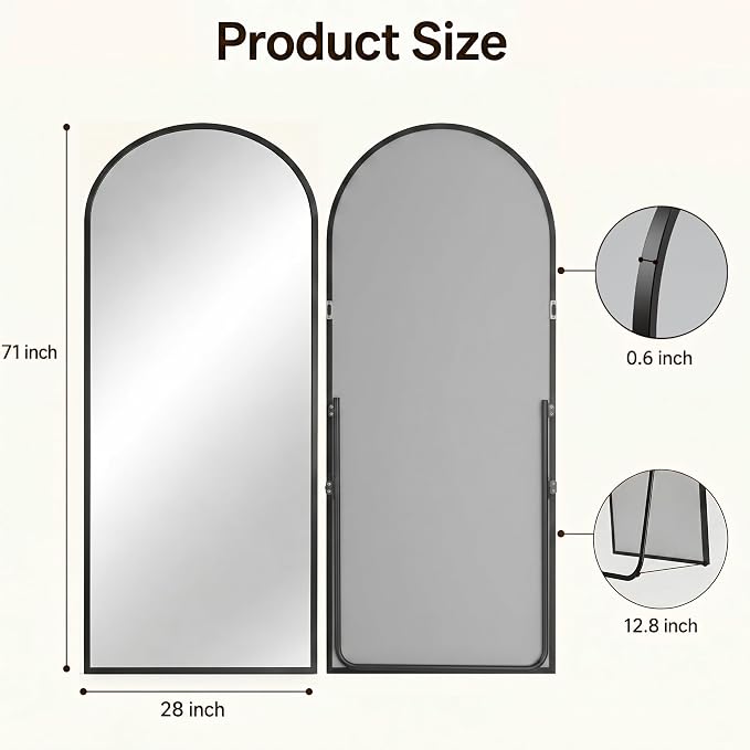 Antok Full Length Mirror, 71"x28" Floor Mirror with Stand, Black, Arched - Image 7