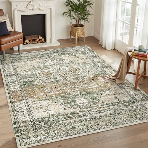 Soalmost 5x7 Area Rug Low Pile Washable Trendy Faded Style Rug, Olive Beige by Soalmost
