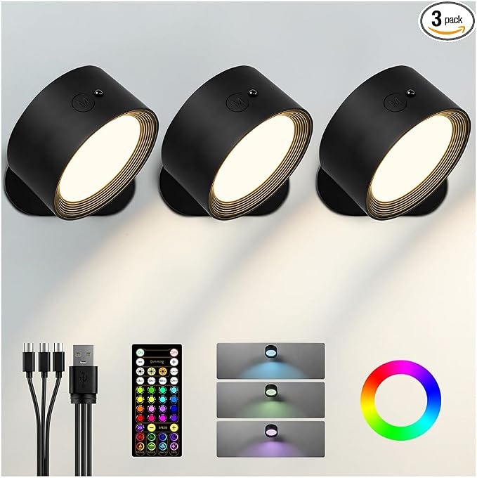 Rechargeable RGB Wall Sconces with Remote, Ambient Lighting, 3 Pack | 80 RGB Colors, 3 Color Temperatures, Remote and Touch Control, Ideal for Gaming Rooms and Bedrooms by AMETHEUS