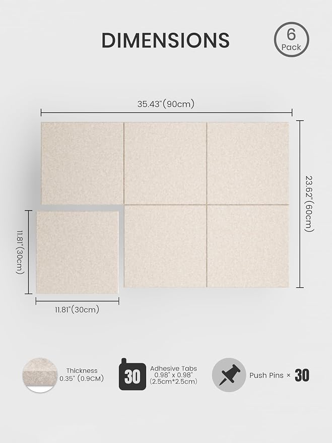 Bumusty 36"x 24" Large Felt Bulletin Board Tiles, Oatmeal | 6-Pack Cork Board Alternative, Wall Decor, 30 Pushpins, 30 Adhesive Tabs, Vision Board, Office, Classroom, Home, Dorm - Image 2