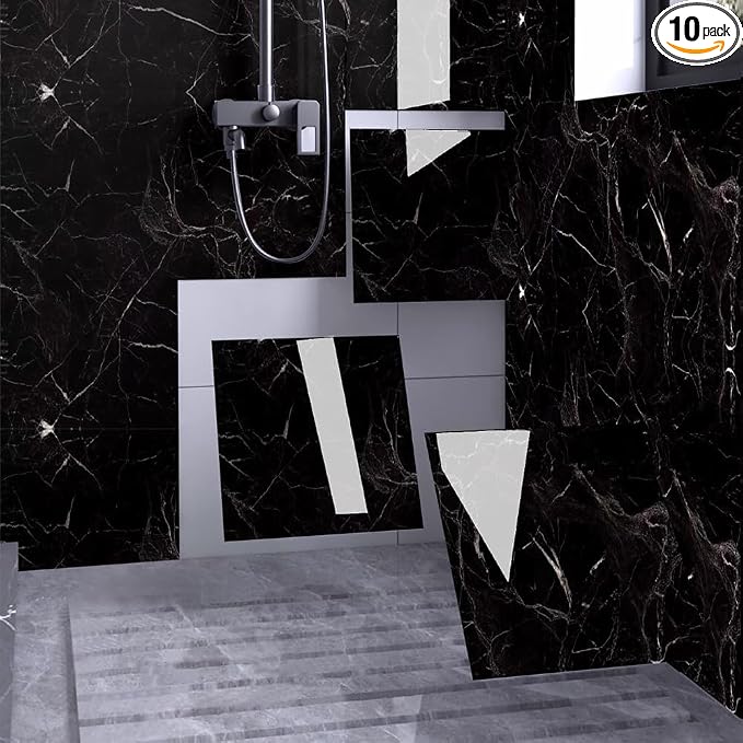 Chejiaye Shower Wall Panels Peel and Stick,Marble Wall Panels for Interior Decor,Backsplash Tile for Kitchen Showers Bathrooms Living Rooms 11.8"x11.8"in 10Pcs,Black (Not Real Tile,9.7 Sq.ft) by Chejiaye