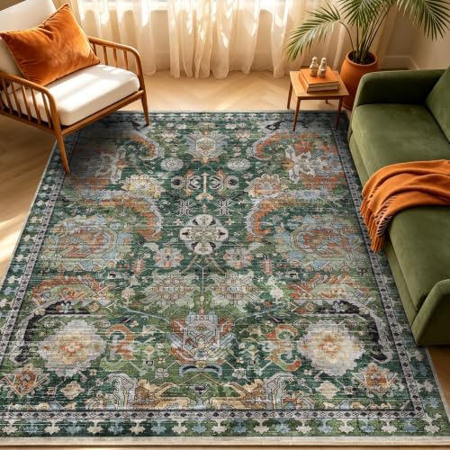 RUGSURE Washable Area Rugs - Perfect for Living Room, Bedroom, Kids Room, Nursery - Stain & Water Resistant Non-Slip, Pet & Child Friendly, Vintage Tribal Area Rugs (Green, 5' x 7') by RUGSURE