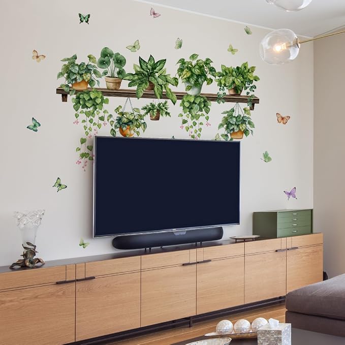 2 Sheets Potted Green Plants Wall Stickers & Murals Peel and Stick Removable Wall Decals Living Room Vinyl 3D Wall Stickers for Bedroom Bathroom Cabinet Vine Wall Clings Decor with Butterflies - Image 2