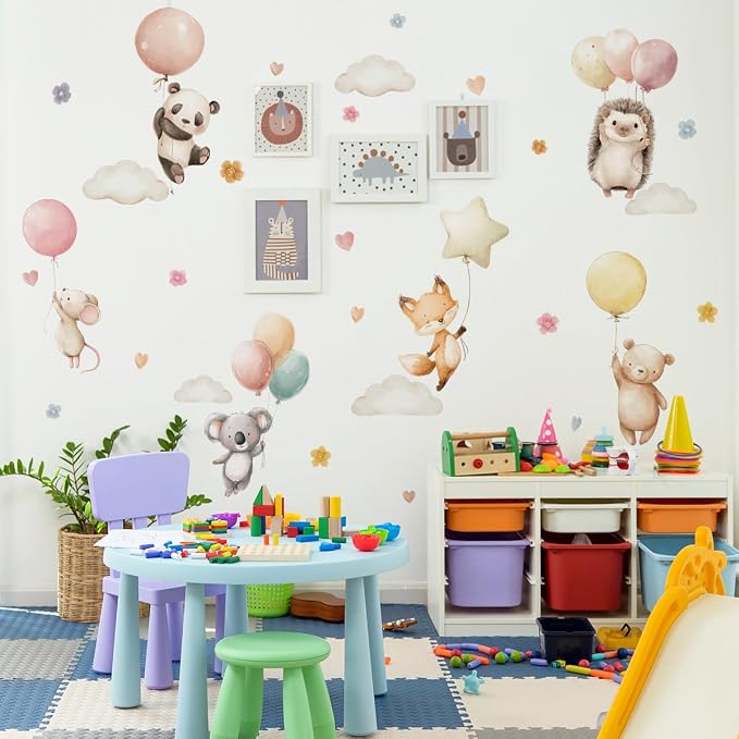 Watercolor Jungle Animal Wall Decal, Removable Nursery Woodland Animals,Cloud,Stars,Balloon Wall Stickers for Kids Boys and Girls Room, Bedroom & Toddler Room Decor (Balloon Animal Decals 85) - Image 4
