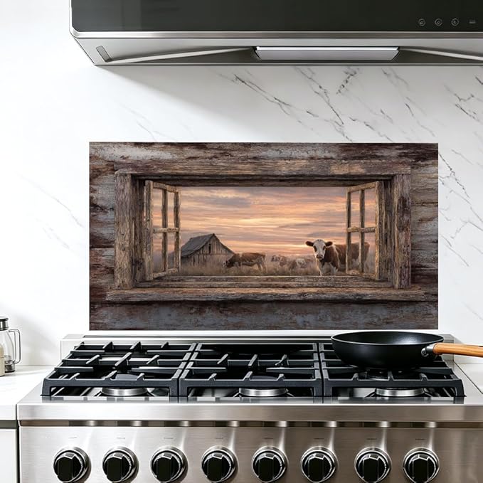 Farmhouse Cow Barn Kitchen Backsplash Peel and Stick, 30x16 in | Rustic wood frame window view of cows and barn at golden sunset; flat 2D waterproof peel and stick; wipe clean; 30x16 in by JOYHAUE