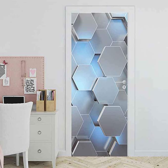 Door Stickers Peel Stick Murals -Wall Covers Decorative Decal Hexashape | 30.3"W x 78.7"H, 3D Hexashape Wallpaper，Waterproof Removable Opaque Vinyl Self Adhesive Fake Door Decor for Home Office by ChezMax