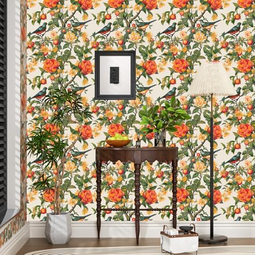 Danodoi Orange Vintage Bird and Stick Wallpaper 17.5" x 393" | Waterproof Vinyl Self Adhesive Removable Renter Friendly Floral Contact Paper - Image 5