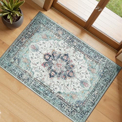 RELEANY Washable Area Rug, Small 2'x3', Teal Green/White/Navy by RELEANY