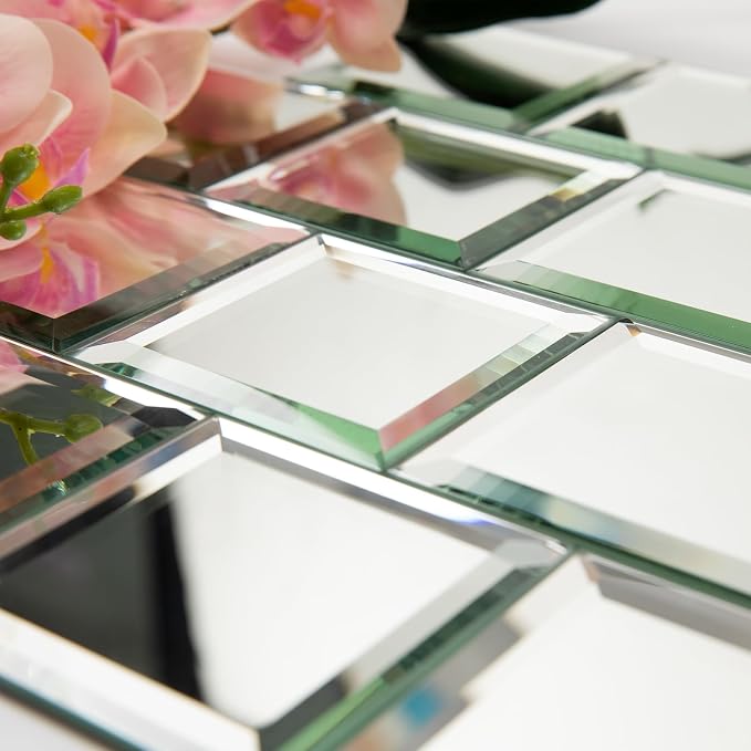 Peel and Stick Mirror Tile 3 x 3 Inch Beveled Square Silver Mirror Glass Tiles for Kitchen Backsplash Bathroom Wall（32 Pcs） by Adedeo