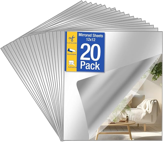 20 Pack Peel and Stick Mirror Tiles, 12x12 Inch Shatterproof Flexible Stick on Mirrors for Wall Self-Adhesive Sticker for Bedroom, Door, Bathroom, and Dance Studio Installation by Unknown