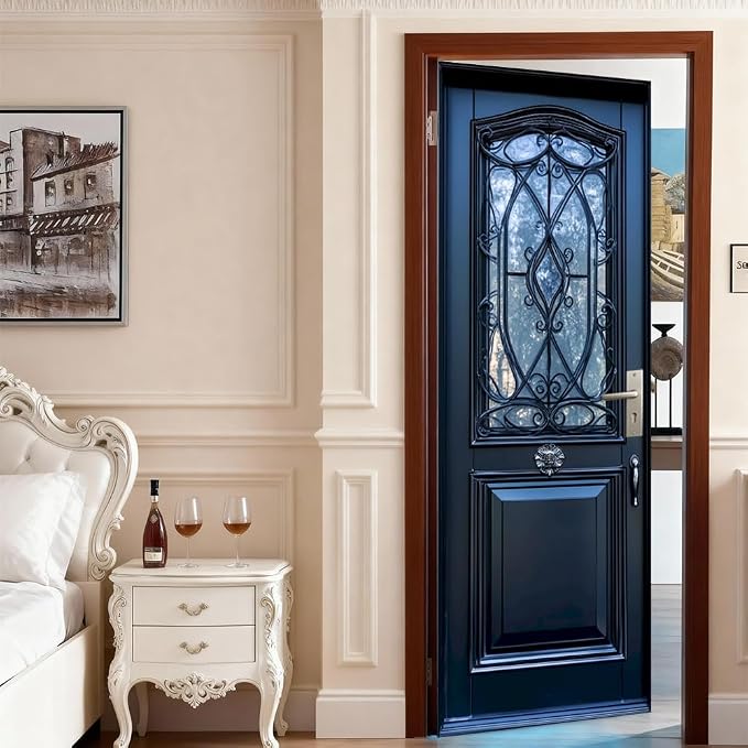 Luxury Blue Door Mural, Elegant Vintage Door Decor | Peel-and-stick vinyl door decal, self-adhesive home decor wallpaper, 30.3" W x 78.7" L, 2-pack - Image 3