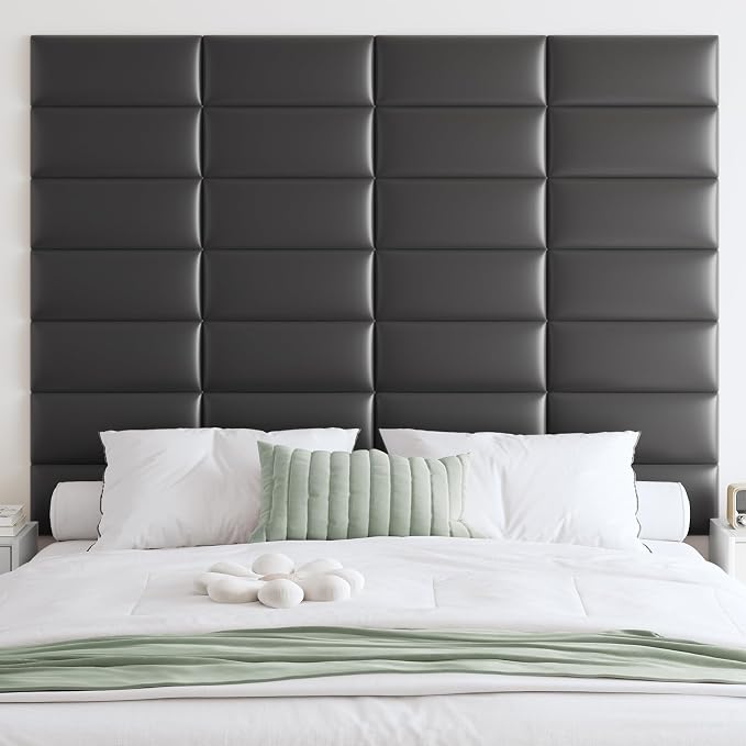 IFNOW Wall Mounted Headboard, Peel and Stick Panels, Black, Queen | Upholstered 3D Soundproof Acoustic Panels, Reusable and Removable, Padded Leather Bed Headboard, 9 Panels, 9.84" x 23.62" by IFNOW
