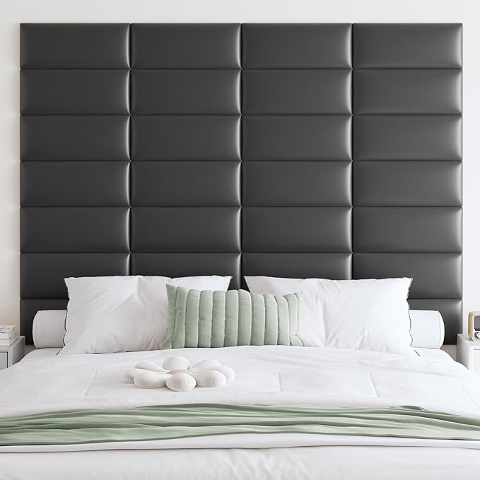 IFNOW Wall Mounted Headboard, Peel and Stick Panels, Black, King | Upholstered 3D Soundproof Acoustic Panels, Reusable and Removable, Padded Leather Bed Headboard, 12 Panels, 9.84" x 23.62" by IFNOW