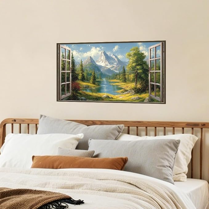 Alpine Mountain View Kitchen Backsplash Peel and Stick, 30x16 in | Oil-painting window view of snow peaks, alpine river and pine forest; flat 2D waterproof peel and stick; wipe clean; 30x16 in - Image 7