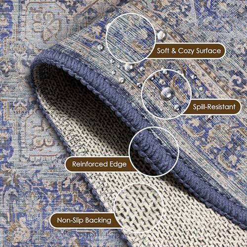 Washable Area Rug 5' x 7' Vintage Traditional Persian Mat - Foldable Distressed Non-Slip Machine Washable Carpet for Living Room Bedroom Kitchen Home Decor - Indigo and Gold - Image 6