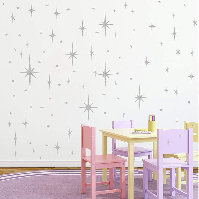 Retro Starburst Wall Decals Star Wall Stickers Atomic Stars Celestial Decor | Peel and stick, silver wall stars, starburst wall decor, removable art murals, for nursery living room bathroom - Image 7