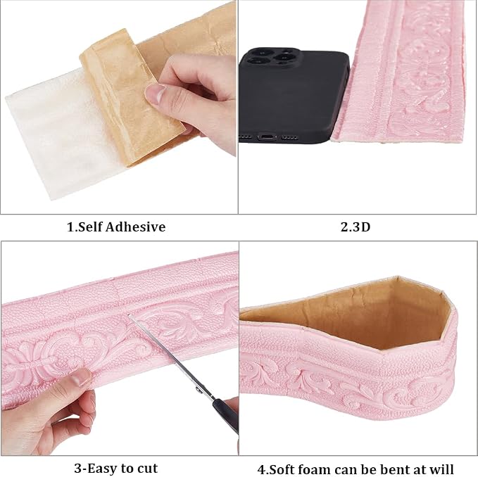 CRASPIRE 88 x 3in Crown Molding Peel and Stick 3D Flexible Foam Wall Trim Pink Self Adhesive Wallpaper Border Sticky Decorative Edging Baseboard Lines for Mirror Border Wall Hotel DIY Decor - Image 6