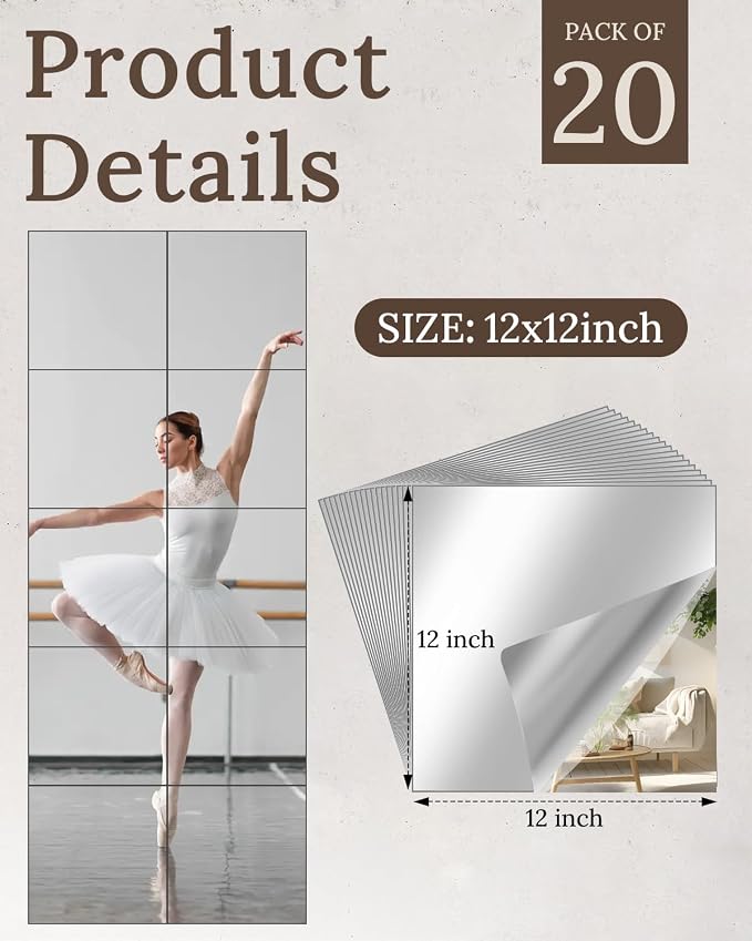 20 Pack Peel and Stick Mirror Tiles, 12x12 Inch Shatterproof Flexible Stick on Mirrors for Wall Self-Adhesive Sticker for Bedroom, Door, Bathroom, and Dance Studio Installation - Image 2