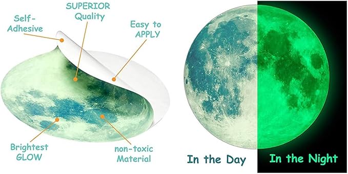 Quanhaigou Glow in The Dark Wall or Ceiling Moon Stickers – Green Luminous Big Moon Wall Stickers DIY Decor for Kid Room - Image 2
