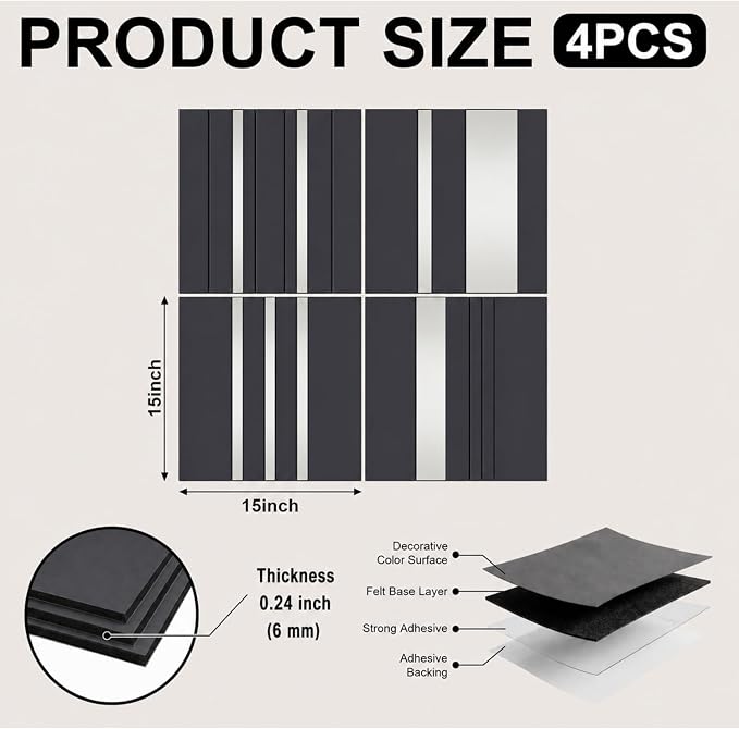 Geelin 4 Pack 3D Wall Panels Peel and Stick Fluted, Gray, Silver | 15x15 Inch Mirror Finish, Self-adhesive Wall Panels for Interior Decor, Modern Living Room Bedroom Kitchen Bathroom Accent - Image 2