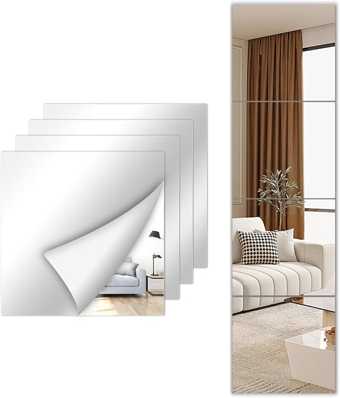 Stick on Small Mirror for Wall Decor,4 Pack 13.8”x13.8” Acrylic Mirror Tiles, Plastic Non Glass Sticky Kids Safety Toddler Mirrors, Shatterproof Mirrors Sheet for Bedroom Closet by SAFEE+MRROR