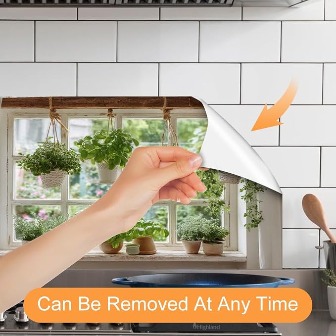Herb Garden Kitchen Backsplash Peel and Stick, 30x16 in | Farmhouse window with hanging herb baskets and terracotta pots; flat 2D waterproof peel and stick; wipe clean; 30x16 in - Image 3