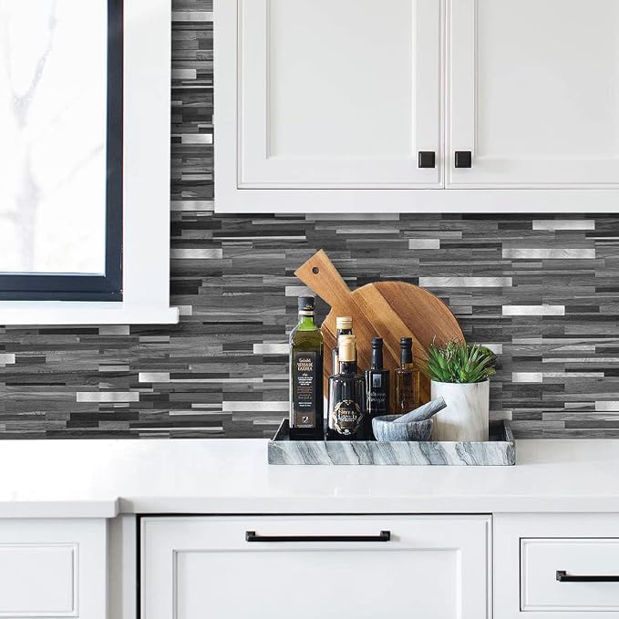 AULIGET 20 Sheets Peel and Stick Backsplash, Black & Grey Wood Look PVC Mixed Metal Stick on Backsplash Tiles for Kitchen - Image 6