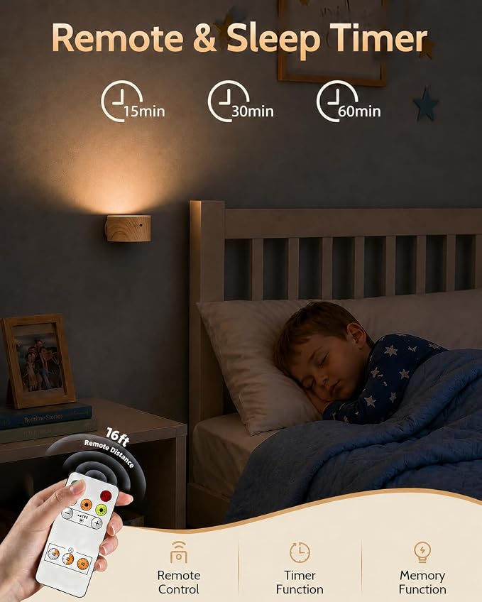 Rechargeable Wall Sconces with Remote, Magnetic Wall Lights, Wood 1 Pack | 3 Color Temperatures, Remote and Touch Control, 360° Rotating and Dimmable for Living Room & Bedroom - Image 3