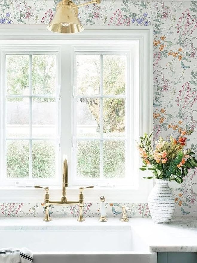 Dimoon 78.7"x17.3" Floral Wallpaper Beige Peel and Stick Wallpaper Cream Neutral Boho Contact Paper Botanical Wildflower Morden Cottage Renter Friendly Bathroom Flower Kitchen Self Adhesive Vinyl - Image 3