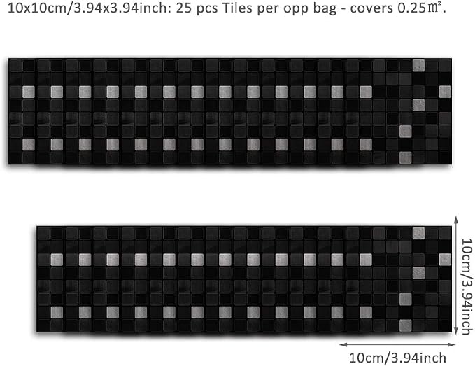 Alwayspon 25 Pcs Brushed Silver Peel and Stick Transfer, Water-Proof Wall Tile Sticker, Black Metallic Mosaic, 4x4inch - Image 5