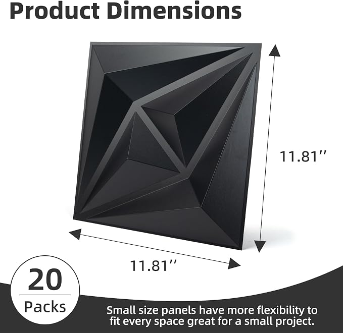 AMZDEPOT 3D Wall Panels, Black, 12x12 Inch, 20 Pcs | PVC Textured, 3 Layout Options, for Interior Wall Decor, for Living Room Bedroom TV Background Gaming Room - Image 2