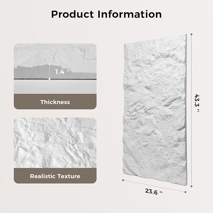 Faux Stone Wall Panel 43.3''x23.6'', Mountain Rock Design, White | 4 Pack PU Stone Wall Panels for Interior Wall Decor, Bedroom, Living Room, Office - Image 2